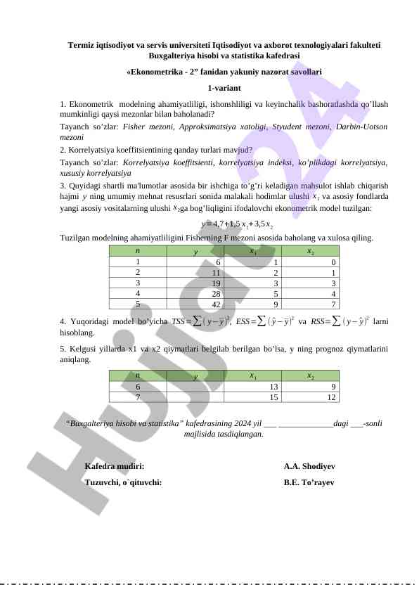 Ekonometrika - 2 fanidan yakuniy nazorat savollari