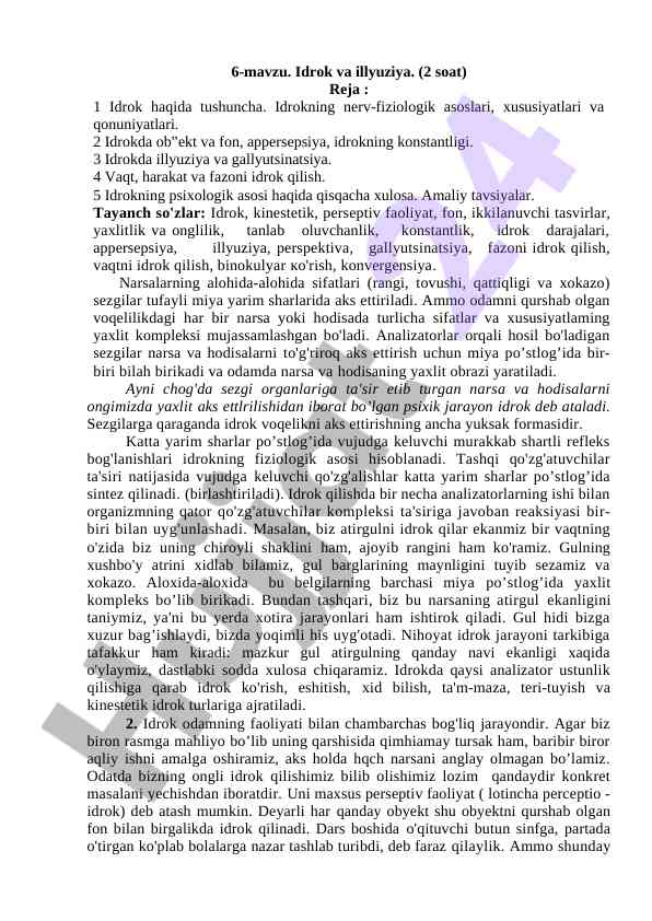 Idrok va illyuziya haqida o‘qituvchi rejasi