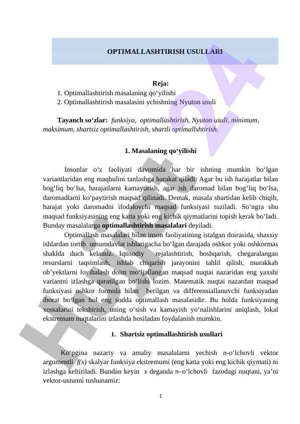 Optimallashtirish masalalarini yechish usullari