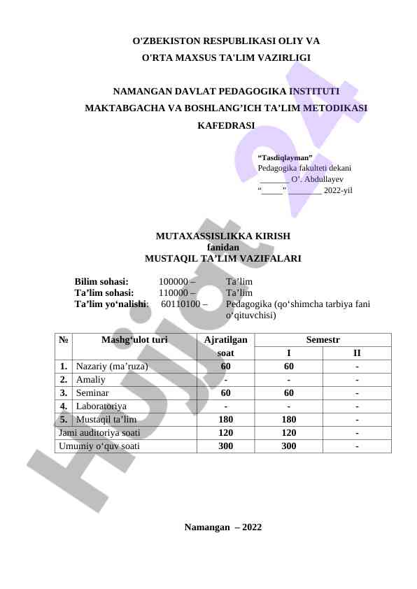 Mutaxassislikka Kirish Fanidan Mustaqil Ta'lim Vazifalari