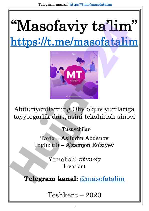 Masofaviy ta’lim abituriyent sinovi savollari