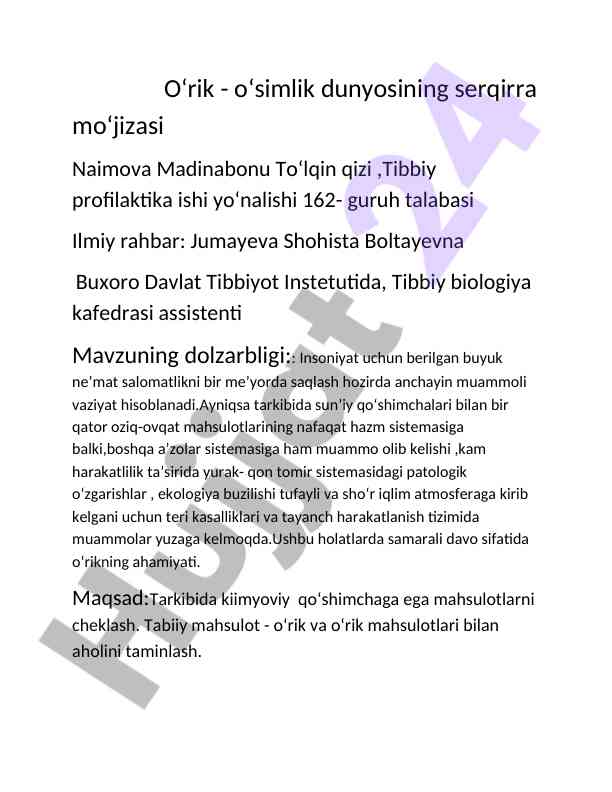 Oʻrikning salomatlikka ta'siri va ahamiyati
