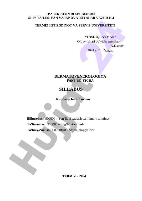 Dermatovenerologiya fani bo'yicha sillabus