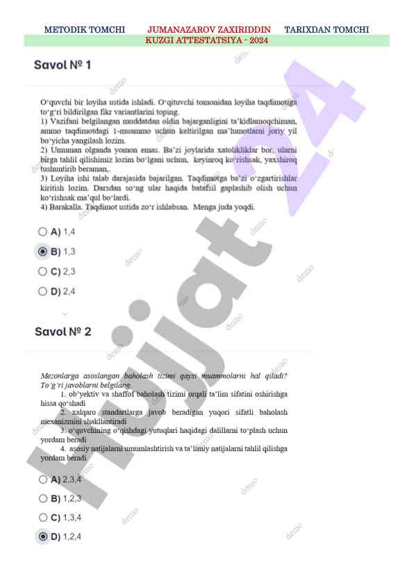 Tarixdan kuzgi attestatsiya 2024 metodik qo‘llanma