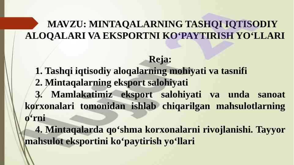 Mintaqalar tashqi iqtisodiy aloqalari va eksport salohiyati