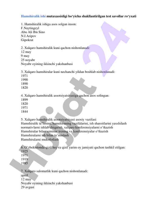 Hamshiralik ishi bo‘yicha test savollari ro‘yxati