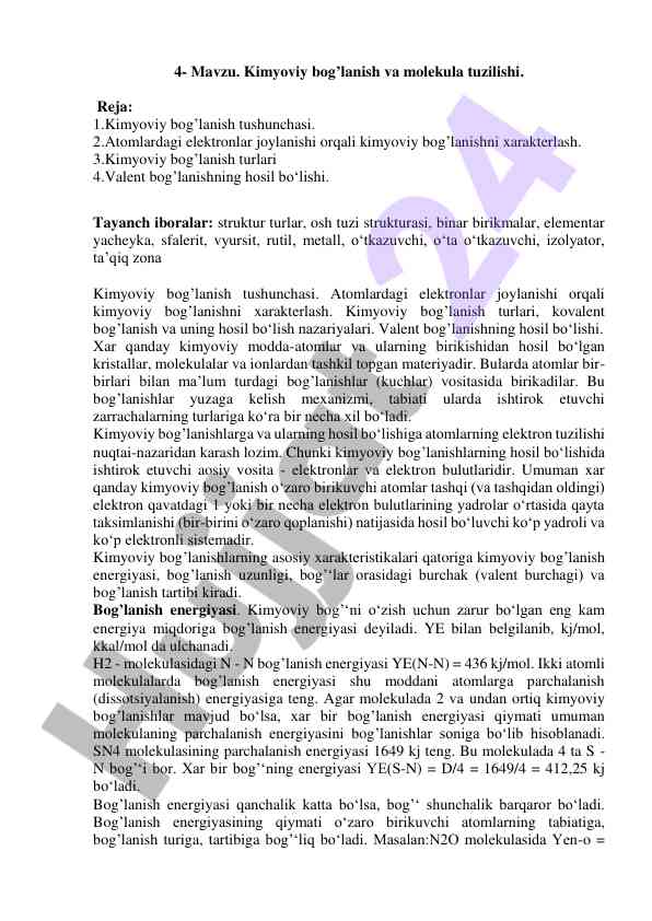 Kimyoviy bog‘lanish va molekula tuzilishi