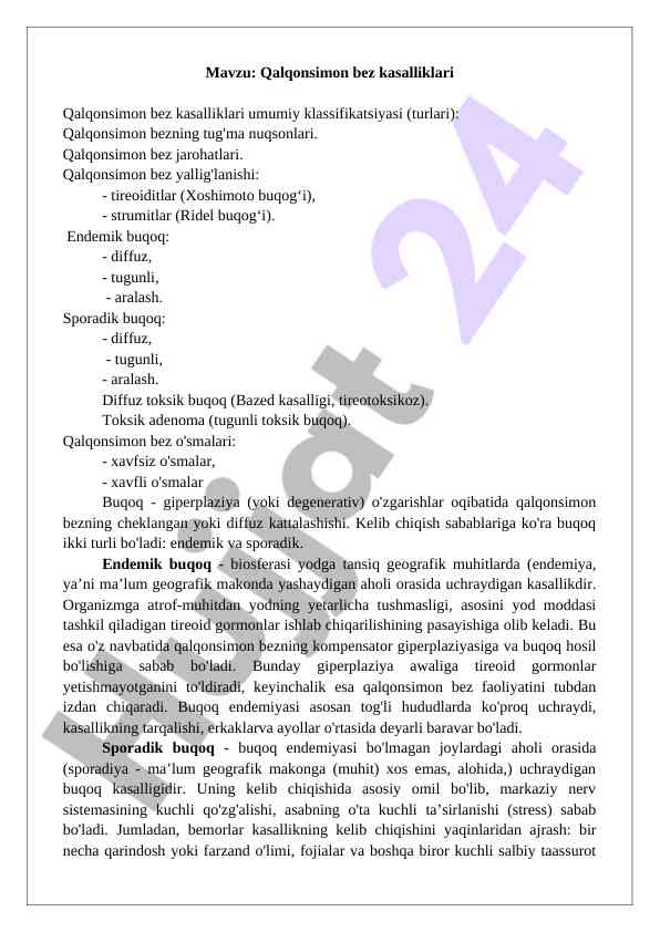 Qalqonsimon Bez Kasalliklari Klassifikatsiyasi