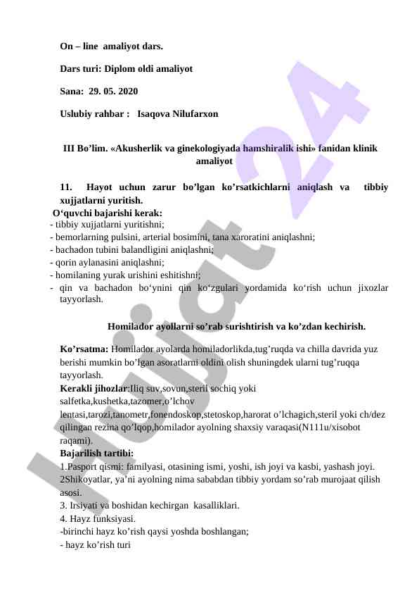 Amaliyot darsida akusherlik va ginekologiya