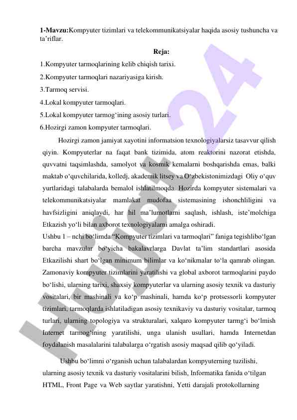 Kompyuter tizimlari va telekommunikatsiyalar asoslari