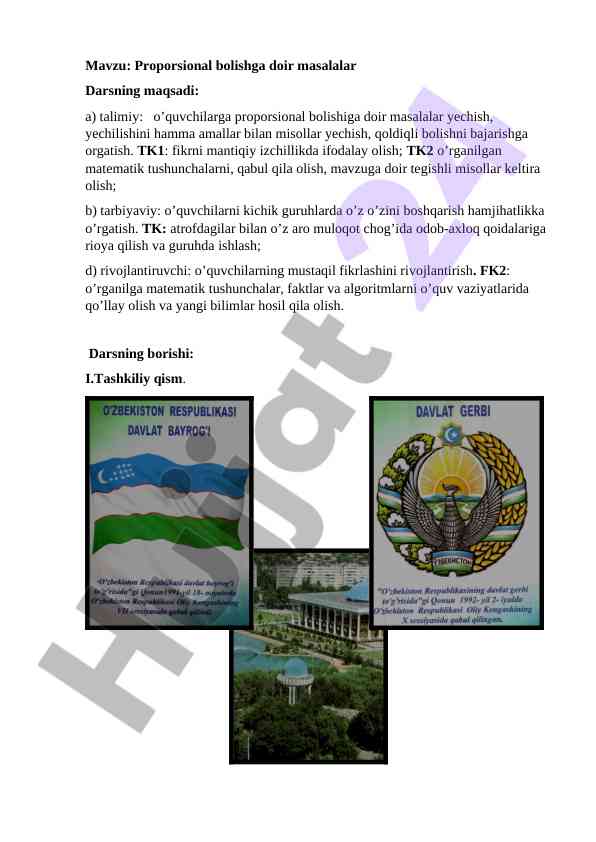 Proporsional bolishga doir masalalar dars ishlanmasi