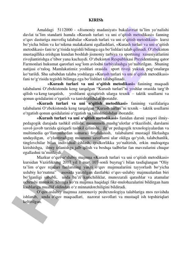 Kurash turlari va uni o‘qitish metodikasi kursi