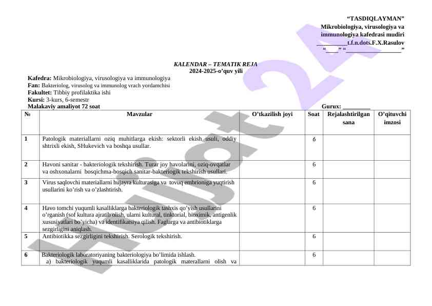 Mikrobiologiya va virusologiya kafedrasi tematik reja