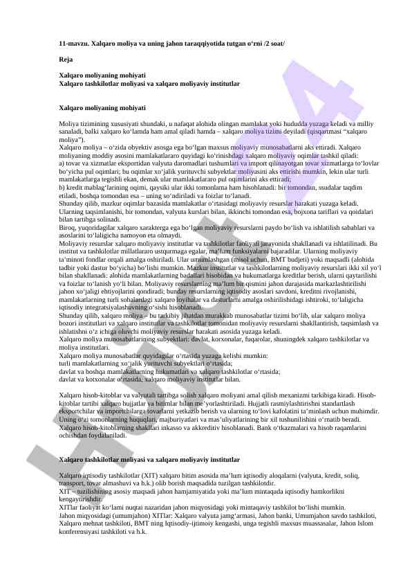 Xalqaro moliya va uning jahon taraqqiyotida tutgan o‘rni