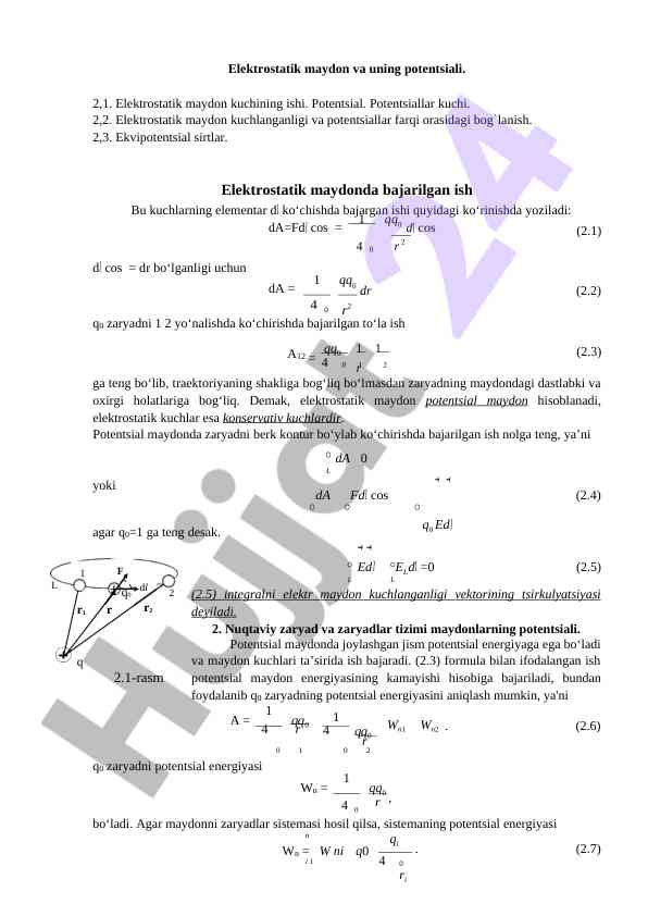 Elektrostatik maydon va potentsialning asosiy berilganlari