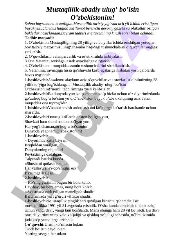 Mustaqillik abadiy ulug’ bo’lsin o’zbekistonim bayrami