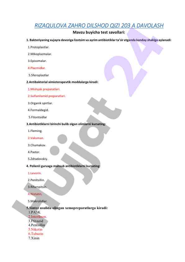Davolash test savollari bakteriyalar va antibiotiklar