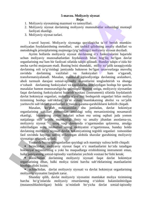 Moliyaviy siyosatning mazmuni va tamoyillari