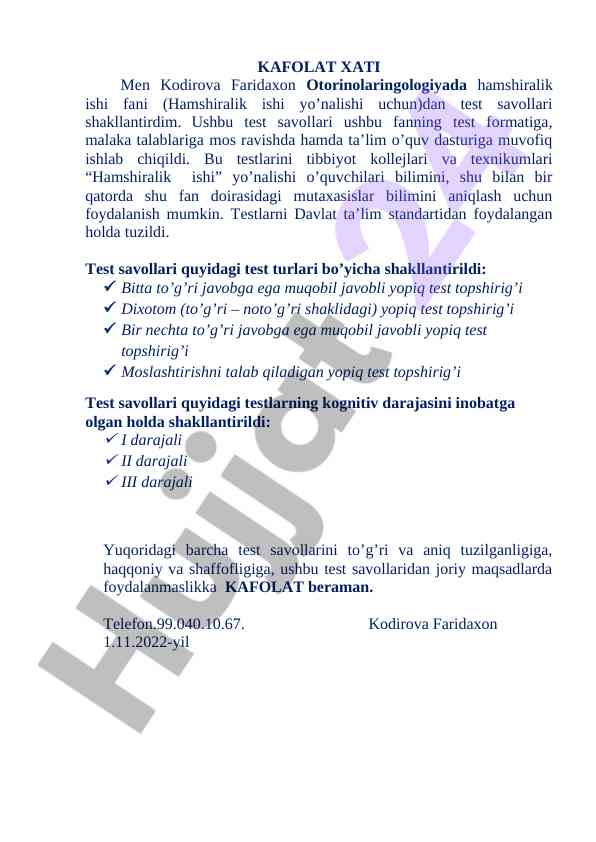 Otorinolaringologiya hamshiralariga test savollari