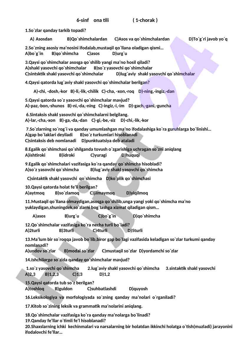 6-sinf ona tili test savollari