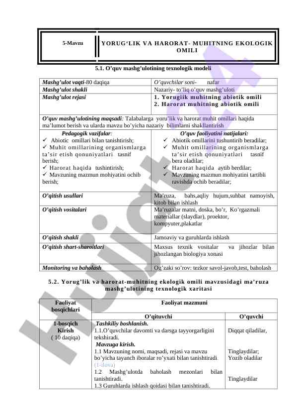 Texnologik model va ekologik omillar mavzusi