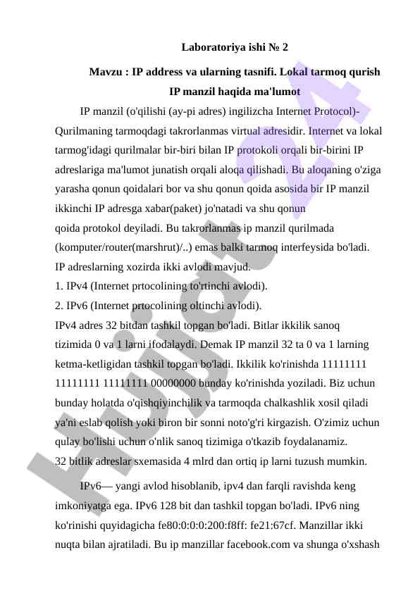 Ip address va ularning tasnifi
