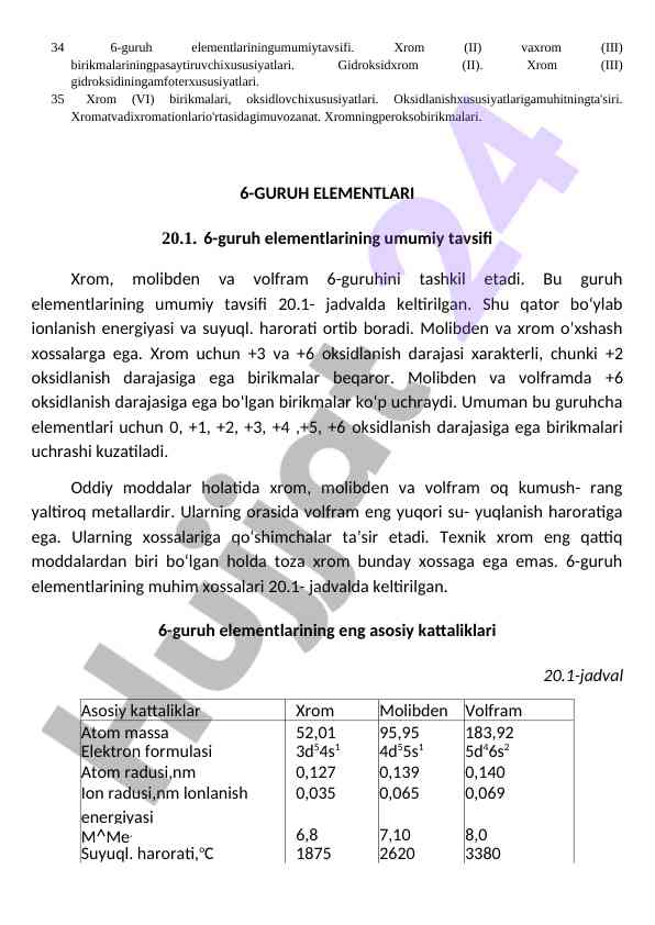 6-guruh elementlarining o’ziga xos xususiyatlari
