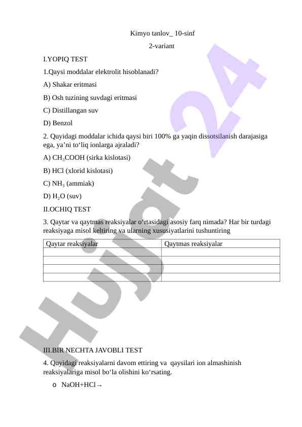 Kimyo 10-sinf ochiq test savollari