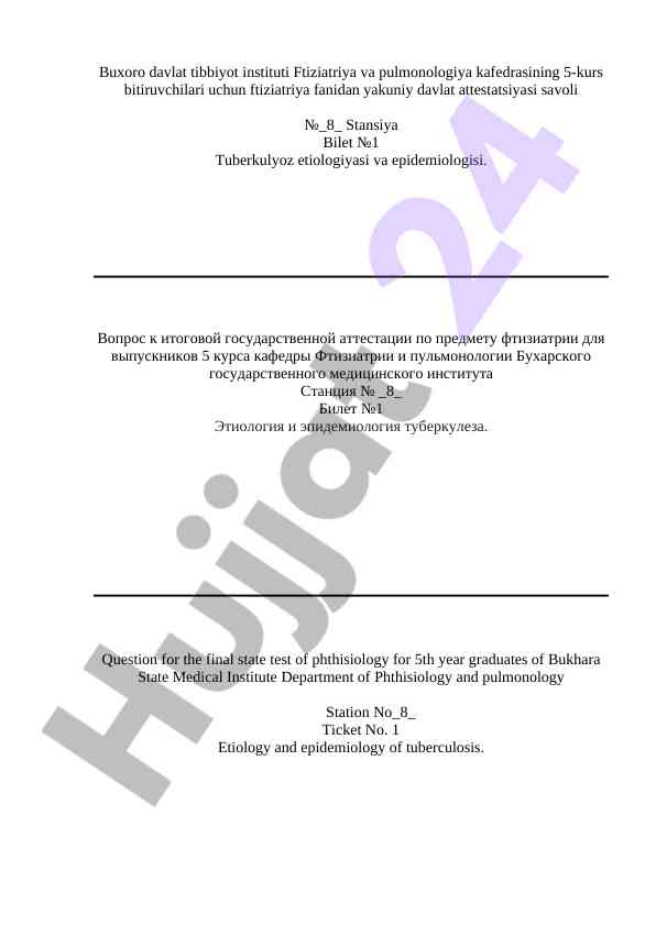 Tuberkulyozni tashxislash va etiologiyasi savollari