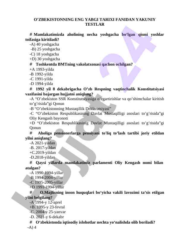 O‘zbekiston tarixi fanidan yakuniy testlar