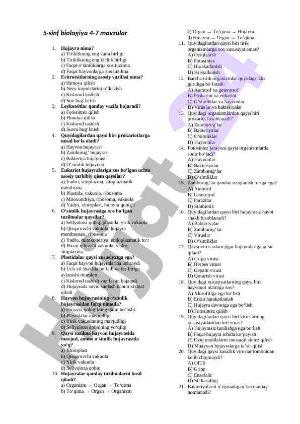 5-sinf biologiya mavzularda hujayra tushunchasi
