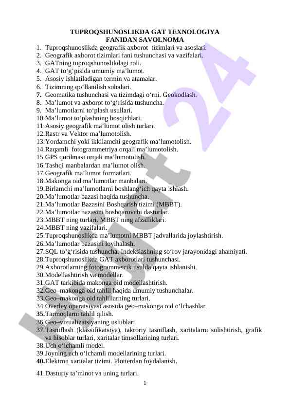 Geografik axborot tizimlari bo‘yicha savolnoma
