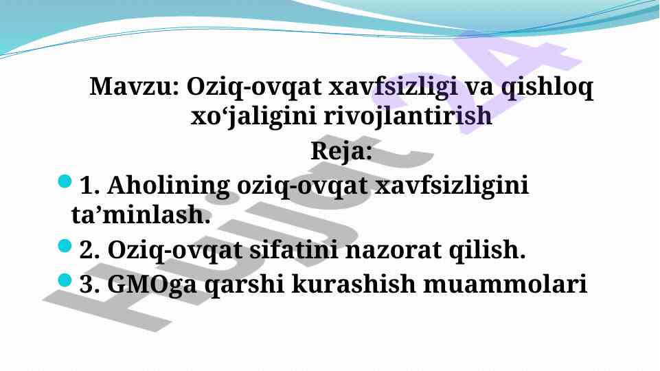 Oziq-ovqat xavfsizligi va qishloq xo‘jaligini rivojlantirish