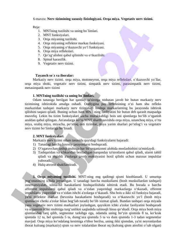 Nerv tizimining xususiy fiziologiyasi va rejasi
