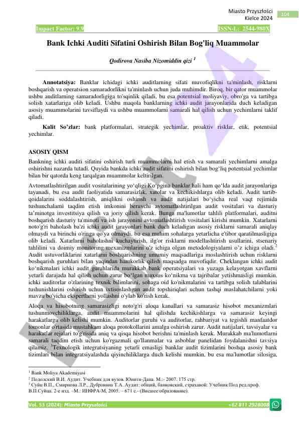 Bank ichki auditi sifatini oshirish bilan bog'liq muammolar