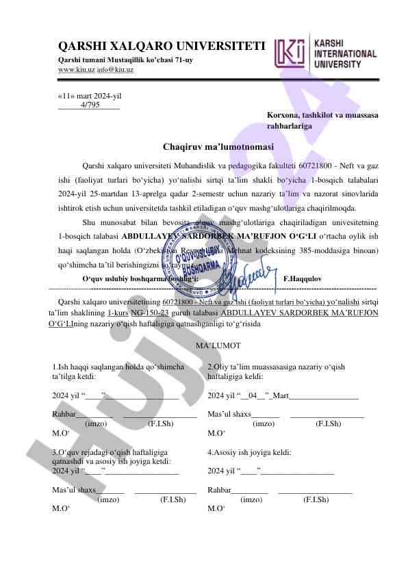 Chaqiruv ma'lumotnomasi neft va gaz ishida