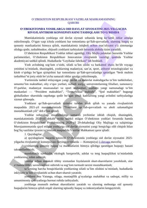 Yoshlarga oid davlat siyosatini rivojlantirish