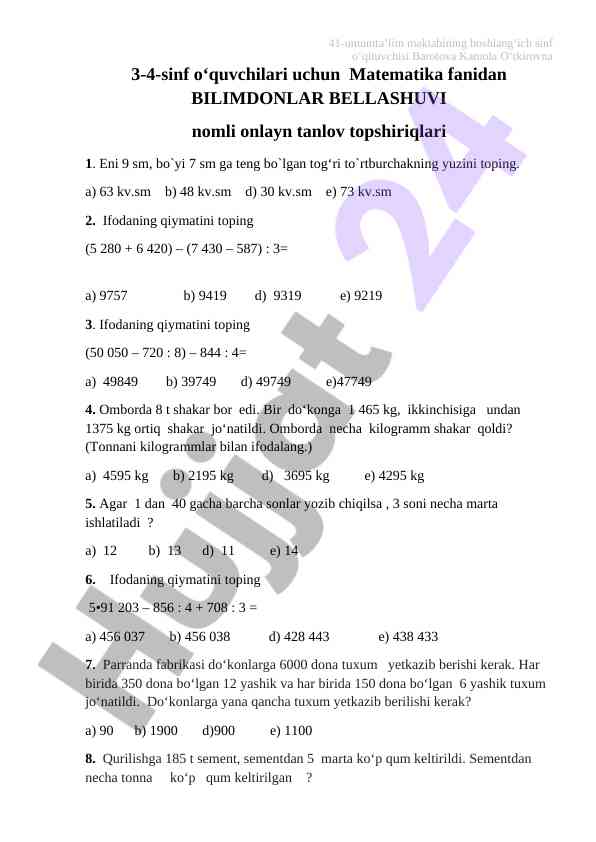 Matematika fanidan o‘quvchilar uchun test topshiriqlari