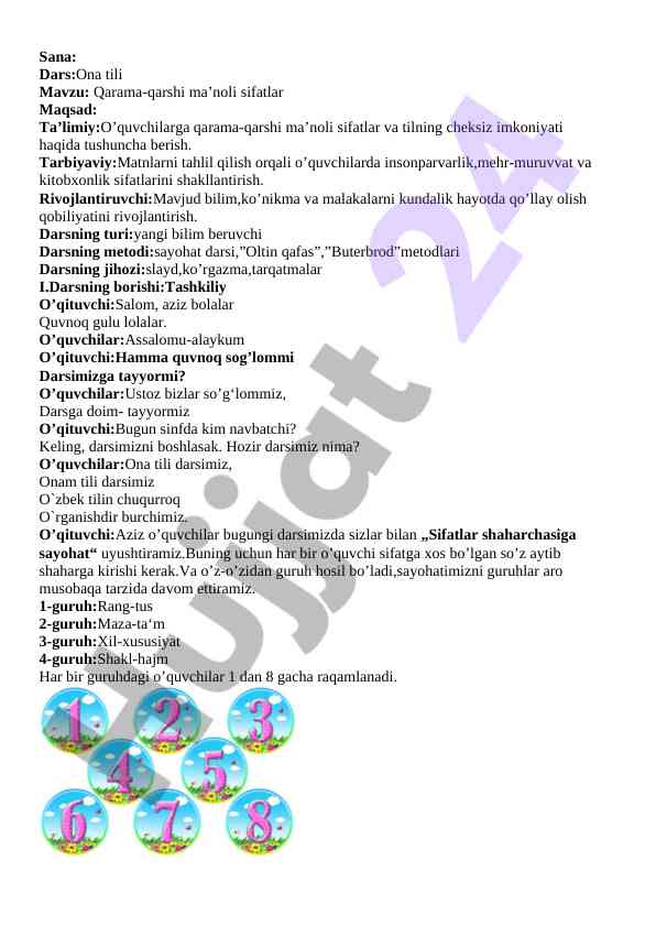 Qarama-qarshi ma’noli sifatlar uchak darsi