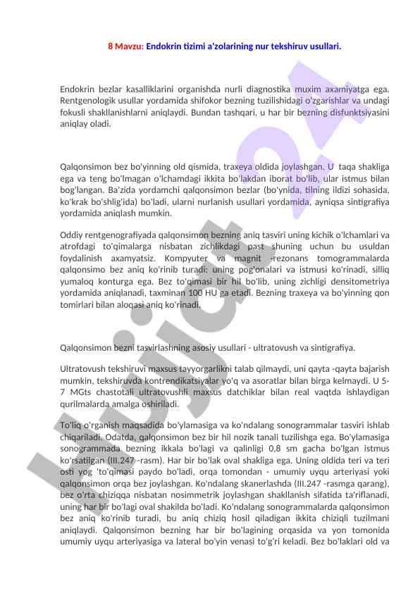 Endokrin tizimi a'zolari va nur tekshiruv usullari