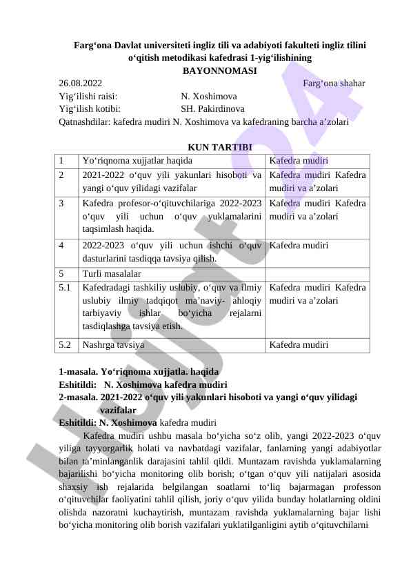 Ingliz tili o‘qitish metodikasi kafedrasi yig‘ilishi bayonnomasi