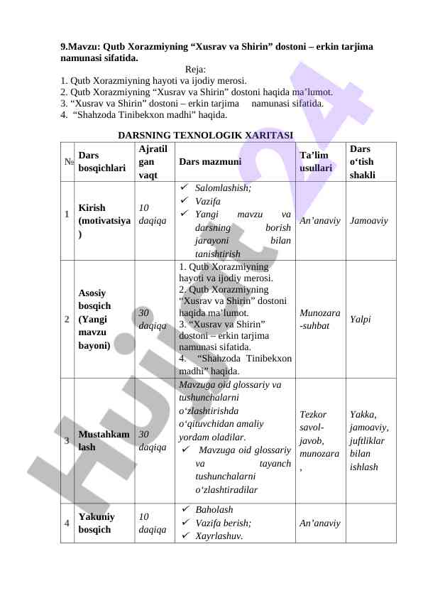 Qutb xorazmiyning xusrav va shirin dostonida tahlil