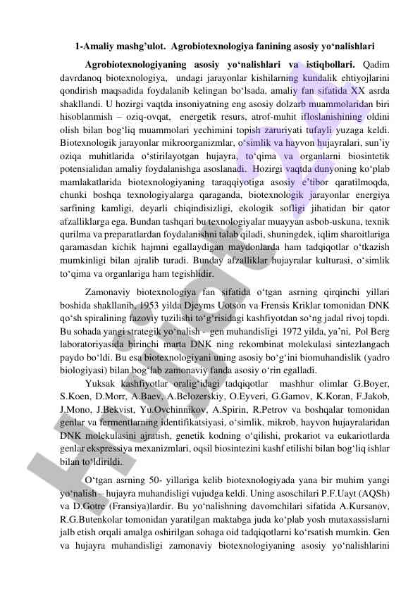 Agrobiotexnologiyaning asosiy yo‘nalishlari va istiqbollari