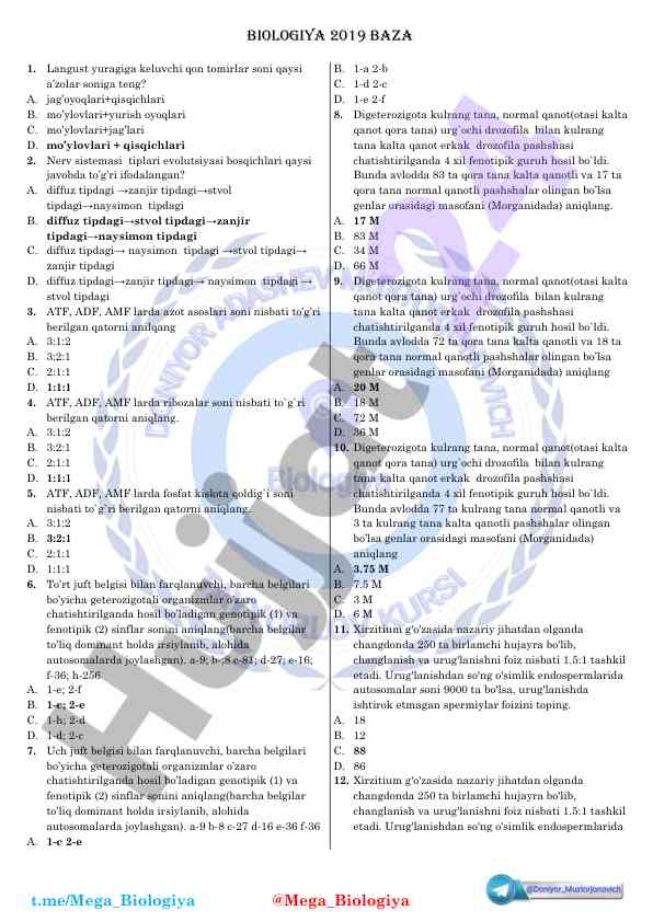 Biologiya test savollari 2019