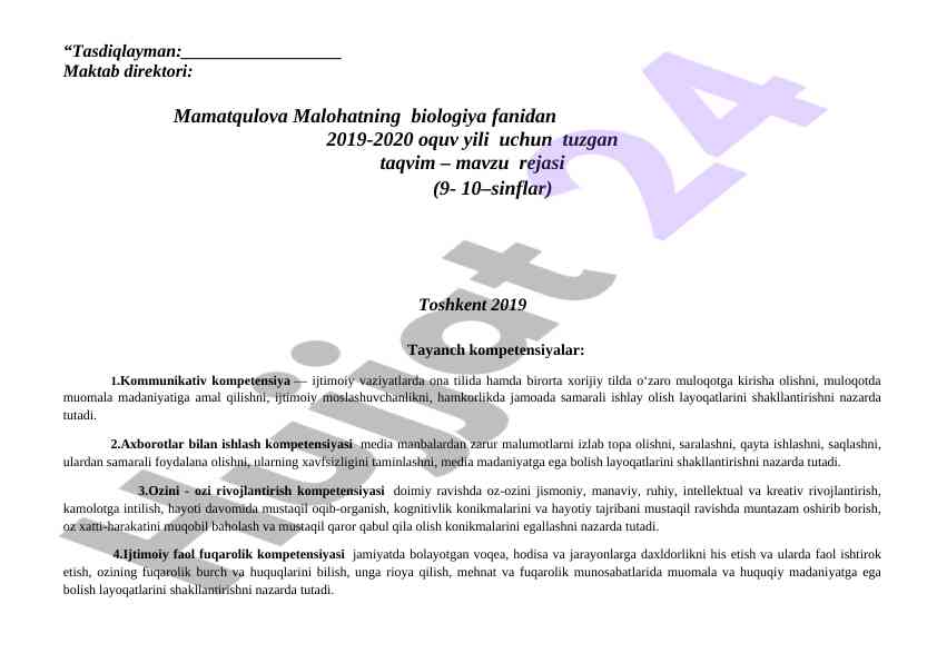 Biologiya fanidan taqvim mavzu rejasi