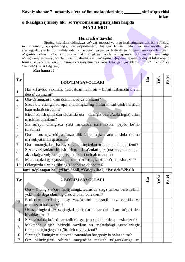 Ijimoiy fikr so’rovnomasi natijalari haqida ma’lumot