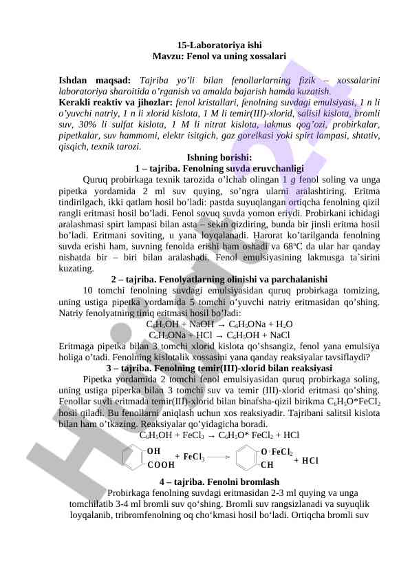 Fenol va uning xossalari laboratoriya ishlari