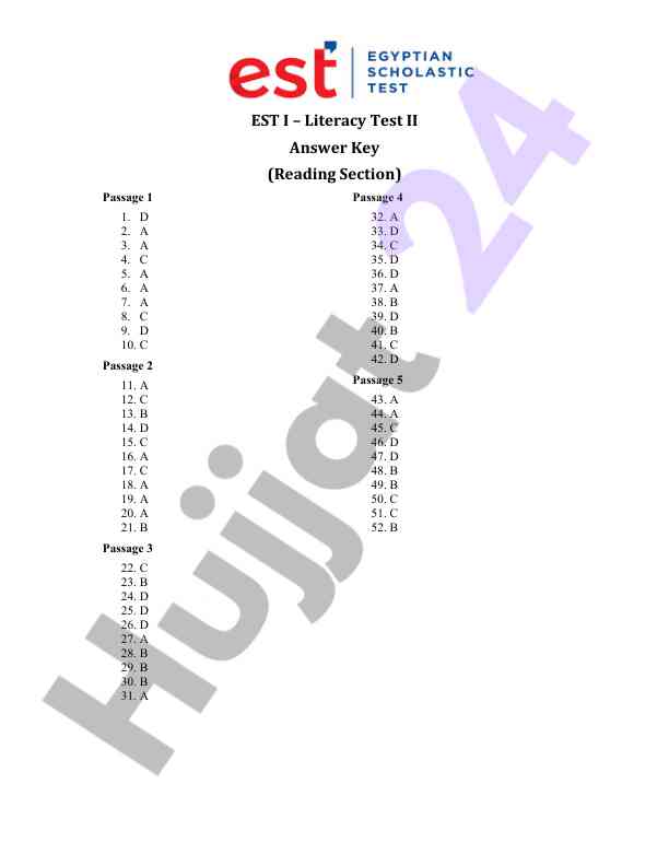 Est i literacy test ii answer key reading section