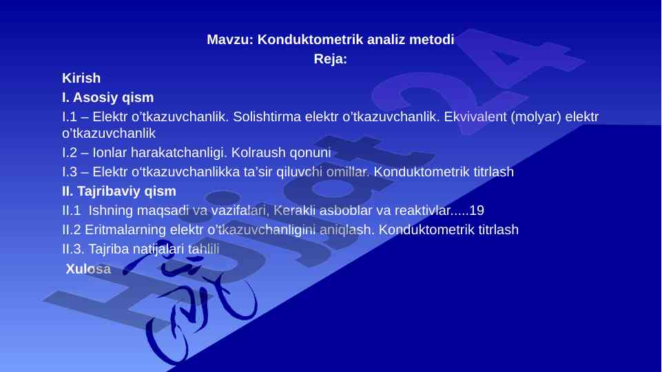 Konduktometrik tahlil usuli va natijalari