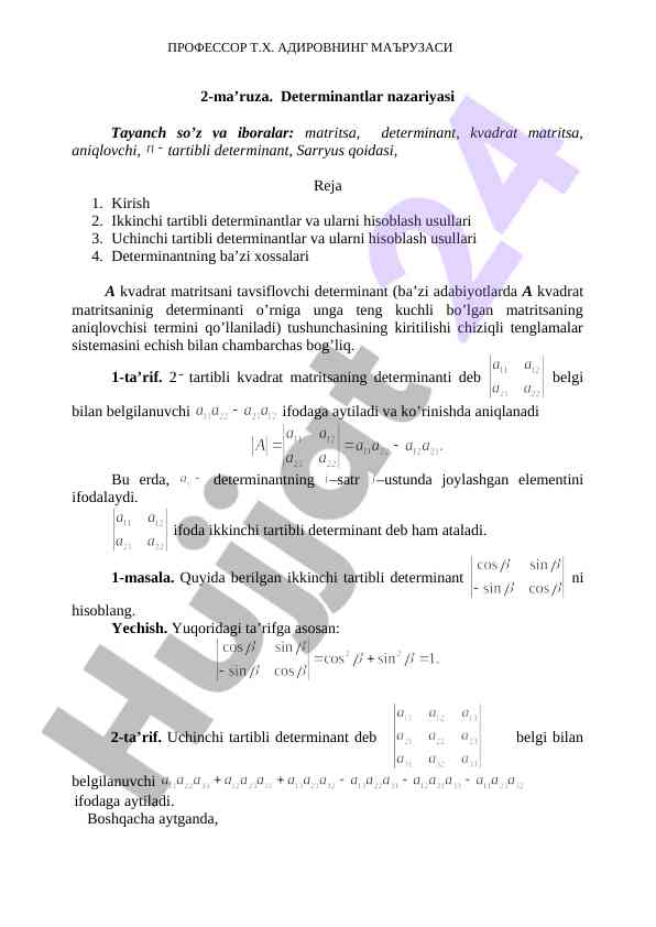 Determinantlar nazariyasi bo'yicha o'quv darslari